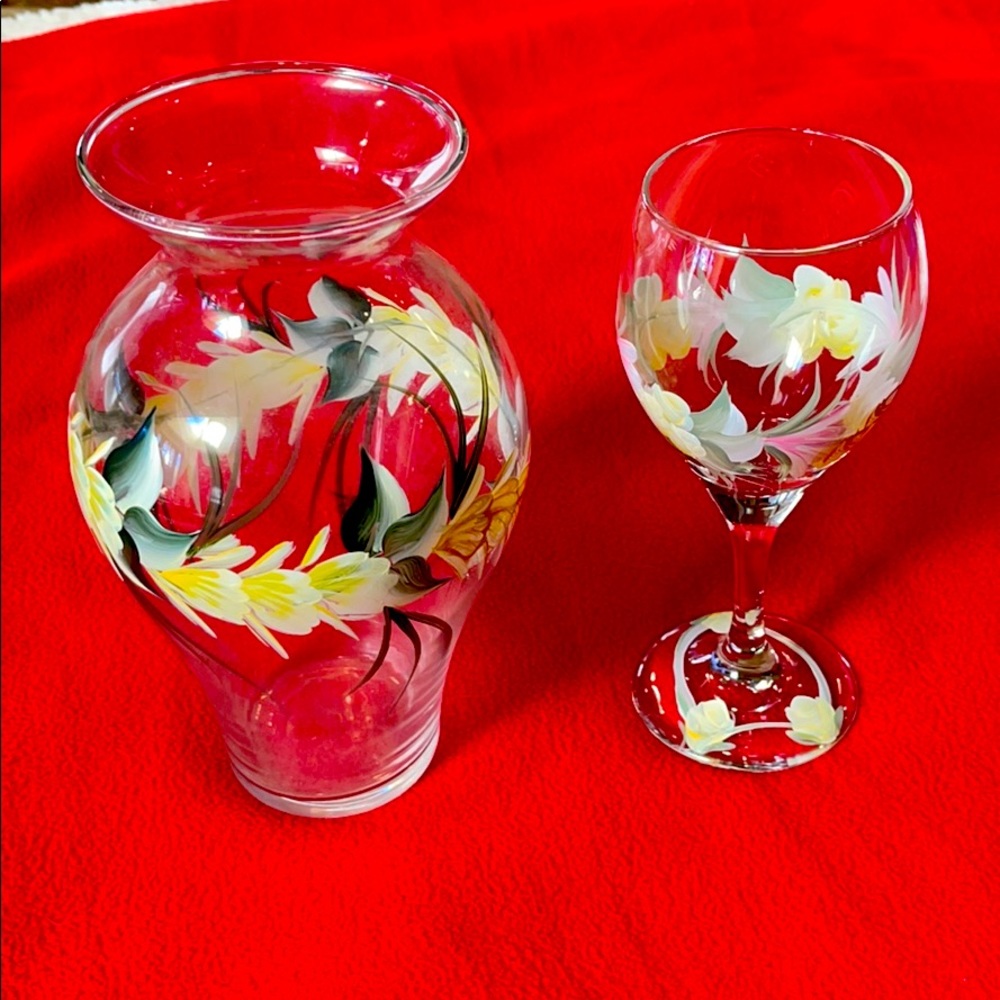 Set of 5 custom hand painted wine glasses and vase